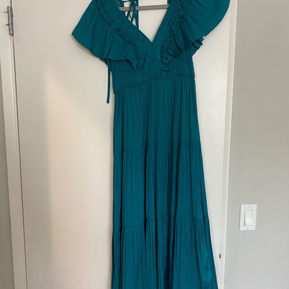 Anthropologie Green Pleated Maxi Dress with Flutter Sleeves
